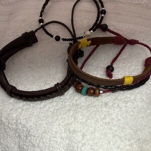 2 Bohemian Artisan Leather and Memory Black Bead Bracelet